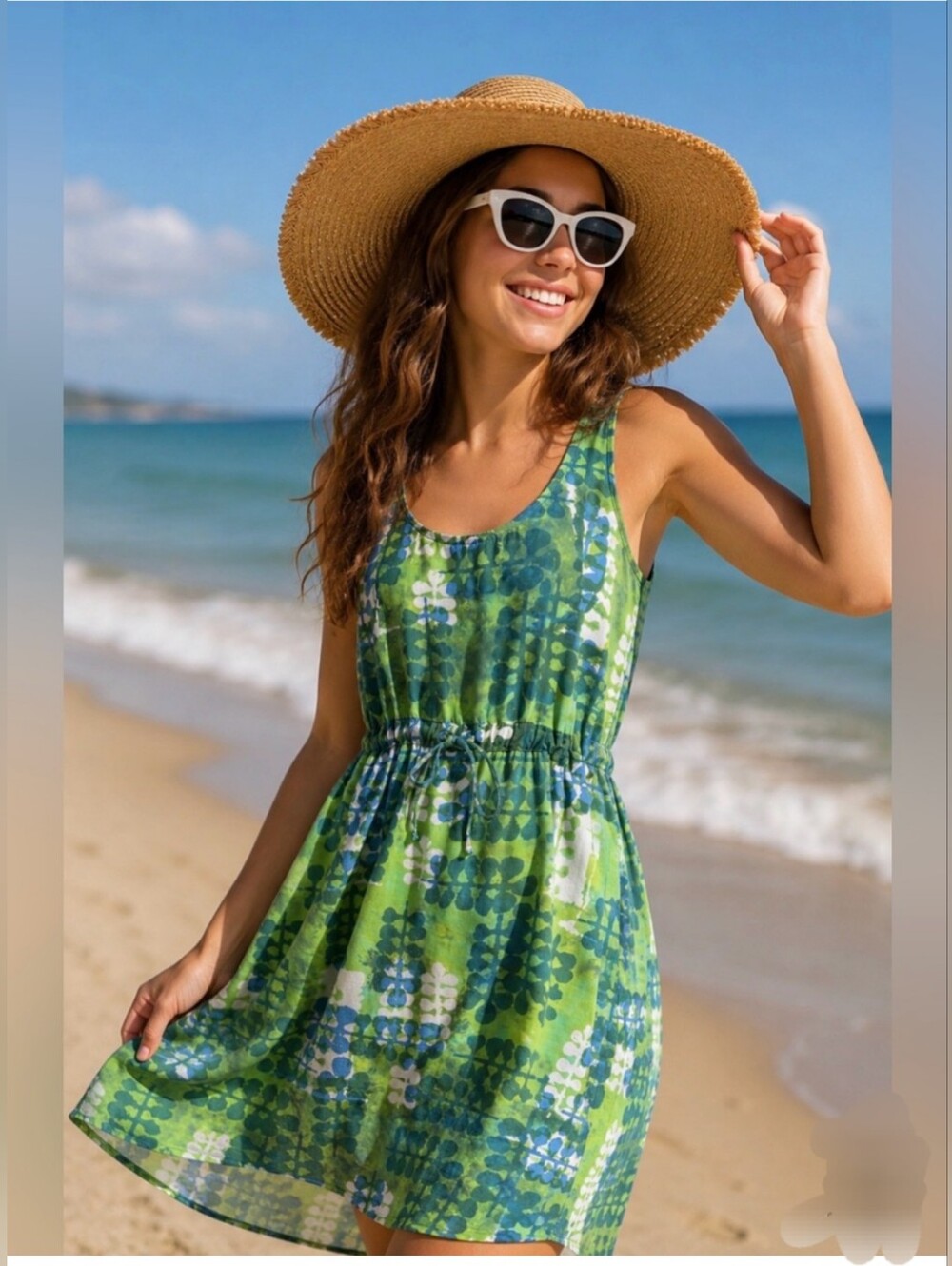 Blue Ginger Hawaiian Sleeveless Green & Blue Batik Dress W Drawstring Waist. XL